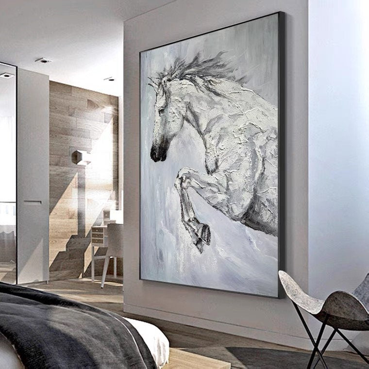 Textured Horse Oil Painting, Original Black and White Horse Canvas Art, Large Animal Painting on Canvas, Modern Horse Wall…
