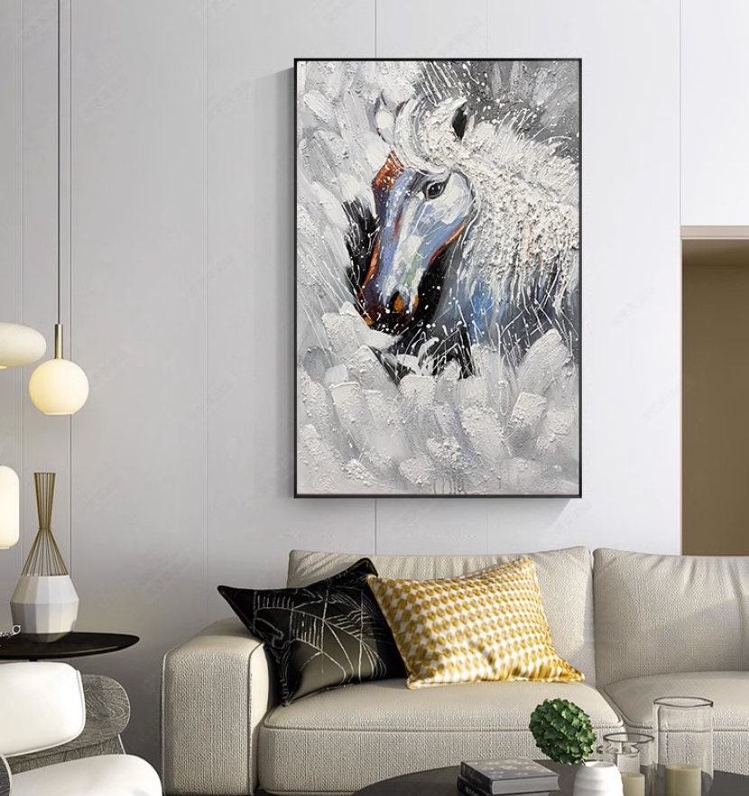 Textured Horse Oil Painting, Original Black and White Horse Canvas Art, Large Animal Painting on Canvas, Modern Horse Wall…