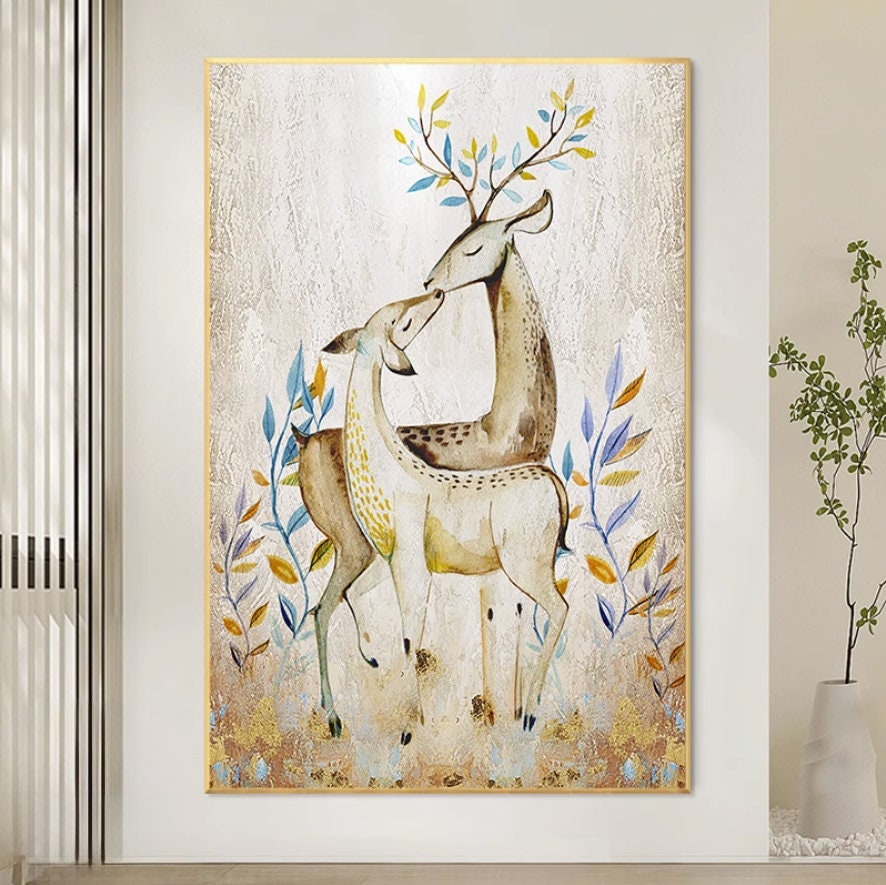 Large Abstract Deer Oil Painting on Canvas, Original and Hand-painted Stag Canvas Wall Art, Modern Animal Painting for Living…