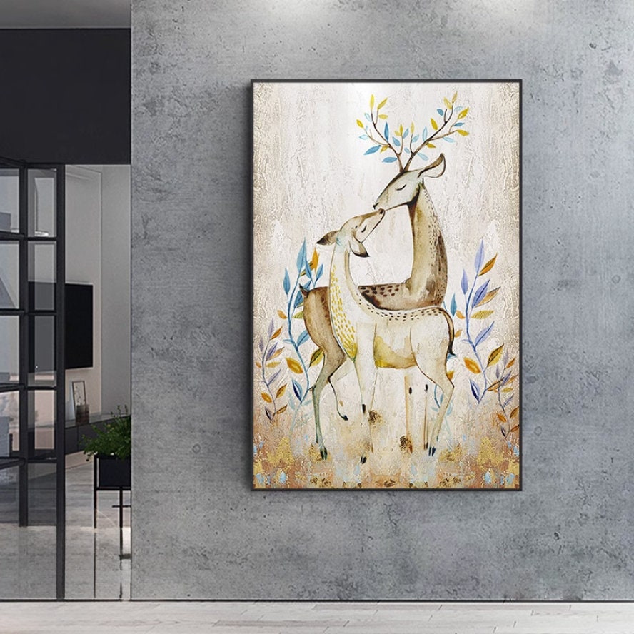 Large Abstract Deer Oil Painting on Canvas, Original and Hand-painted Stag Canvas Wall Art, Modern Animal Painting for Living…