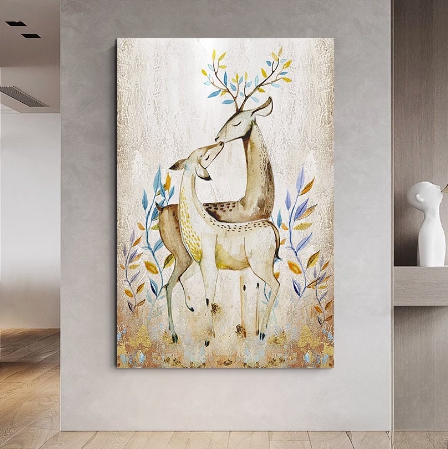 Large Abstract Deer Oil Painting on Canvas, Original and Hand-painted Stag Canvas Wall Art, Modern Animal Painting for Living…