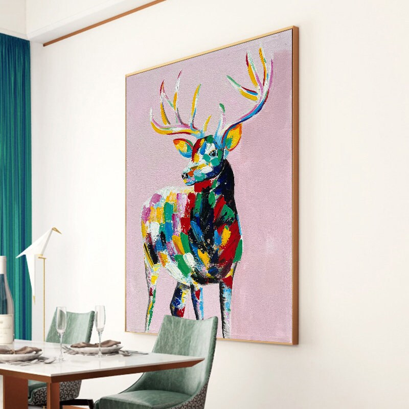 Large Abstract Deer Oil Painting on Canvas, Original and Hand-painted Stag Canvas Wall Art, Modern Animal Painting for Living…