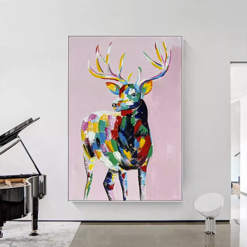 Large Abstract Deer Oil Painting on Canvas, Original and Hand-painted Stag Canvas Wall Art, Modern Animal Painting for Living…