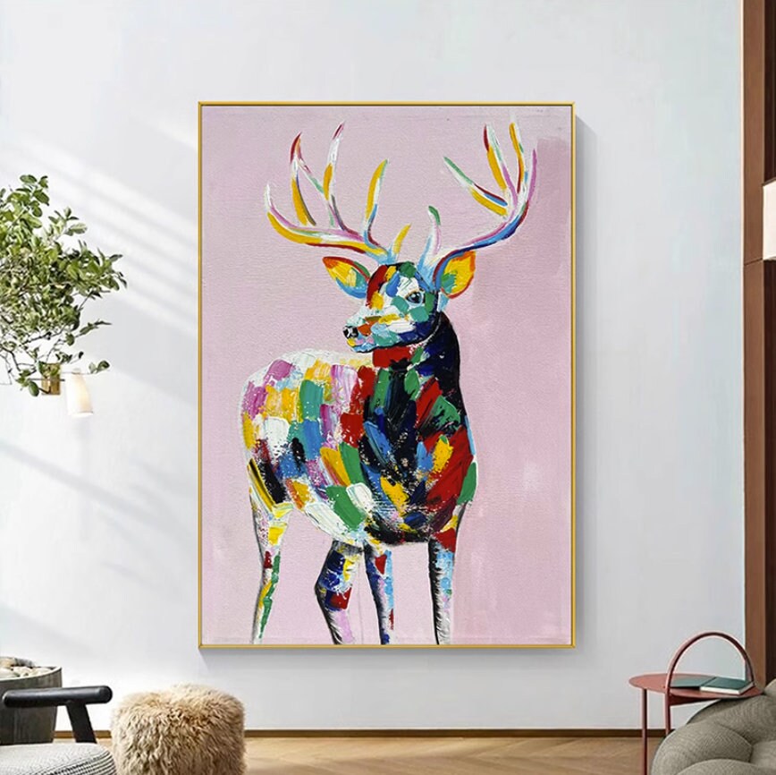 Large Abstract Deer Oil Painting on Canvas, Original and Hand-painted Stag Canvas Wall Art, Modern Animal Painting for Living…