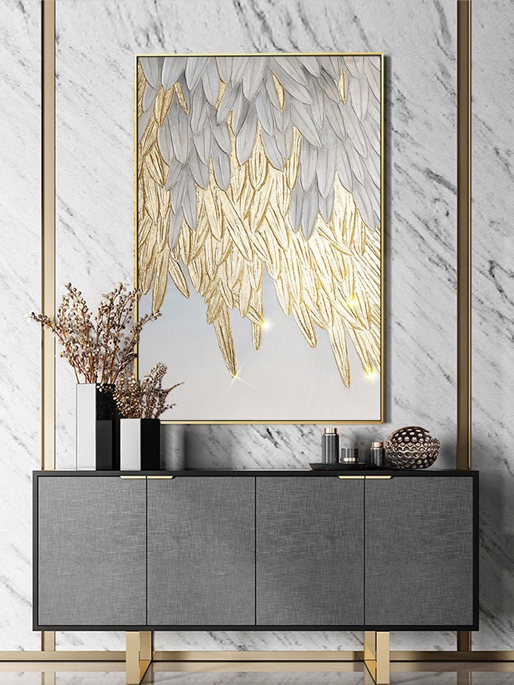 Original Feather Oil Painting on Canvas, Large Abstract Feather Wings Canvas Wall Art, Modern Minimalist Artwork for Living…