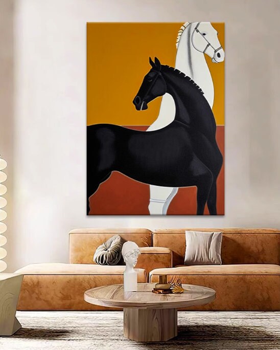 Abstract Black and White Horse Oil Painting on Canvas, Large Original Horses Canvas Wall Art, Modern Animal Wall Art for…