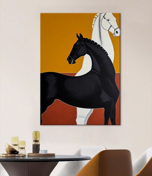Abstract Black and White Horse Oil Painting on Canvas, Large Original Horses Canvas Wall Art, Modern Animal Wall Art for…