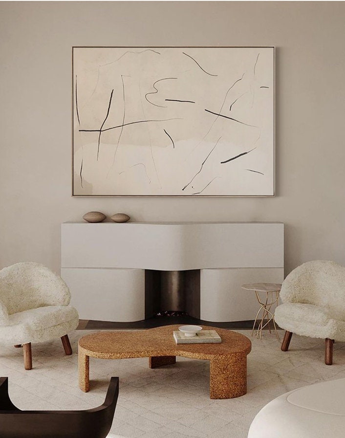 Abstract Canvas Wall Art, Modern Abstract Painting on Canvas, Extra Beige and Black Canvas Painting, Oversized Minimalist…