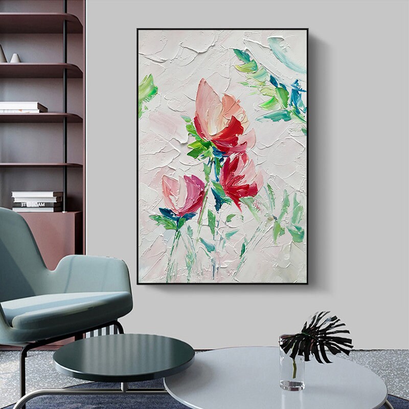 Original Floral Framed Wall Art, Flower Painting on Canvas, Abstract Flower Acrylic Painting, Large Canvas Wall Art