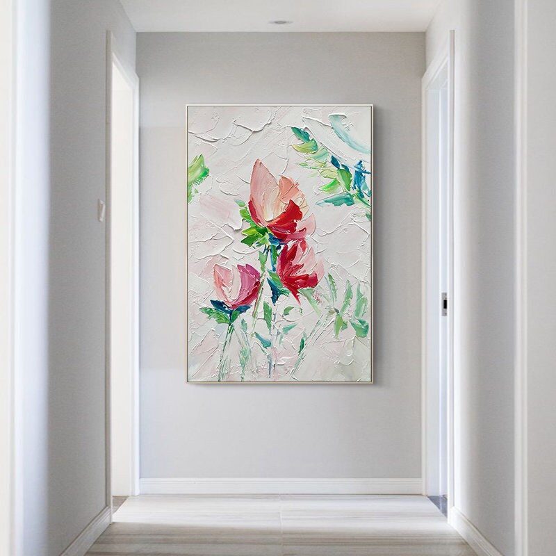 Original Floral Framed Wall Art, Flower Painting on Canvas, Abstract Flower Acrylic Painting, Large Canvas Wall Art