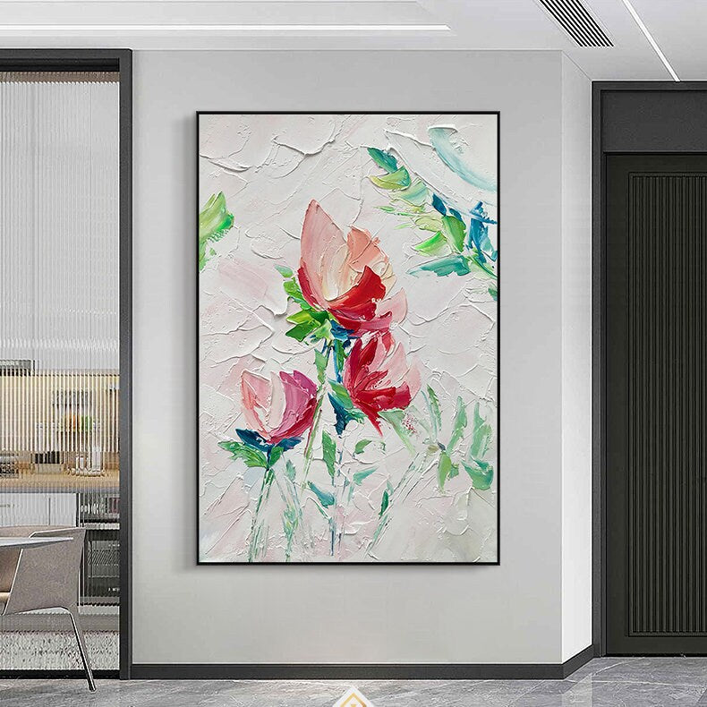 Original Floral Framed Wall Art, Flower Painting on Canvas, Abstract Flower Acrylic Painting, Large Canvas Wall Art
