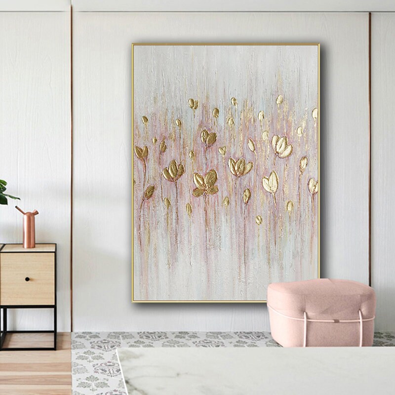 Gold Flower Wall Art, Textured Floral Painting on Canvas, Original Abstract Flower Acrylic Painting