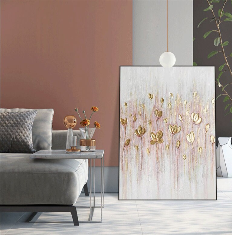 Gold Flower Wall Art, Textured Floral Painting on Canvas, Original Abstract Flower Acrylic Painting