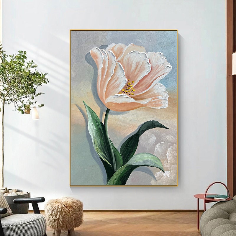 Original Floral Wall Art, Flower Painting on Canvas, Abstract Flower Acrylic Painting, Large Framed Canvas Wall Art
