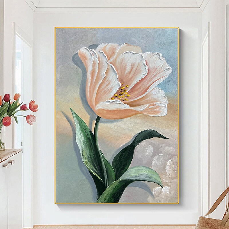 Original Floral Wall Art, Flower Painting on Canvas, Abstract Flower Acrylic Painting, Large Framed Canvas Wall Art