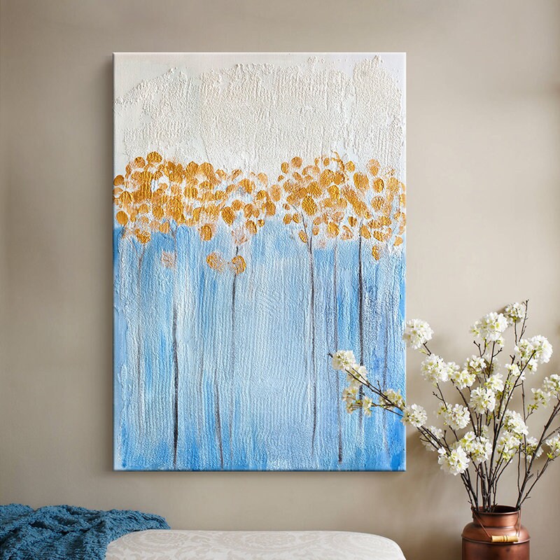 Textured Flower Wall Art, Original Floral Painting on Canvas, Abstract Blue and Gold Flower Acrylic Painting, Modern Abstract…