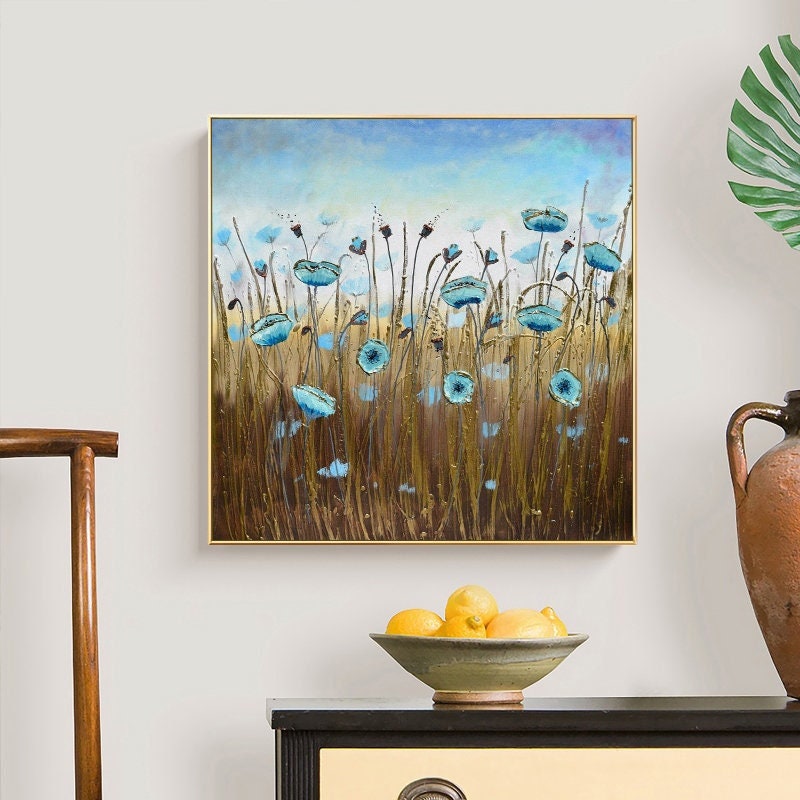Original Floral Wall Art Painting on Canvas, Abstract Flower Oil Painting, Large Canvas Wall Art, Hand Painted Blue Flower…