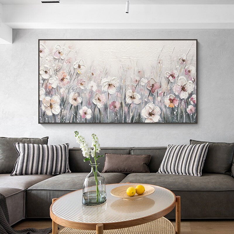 Textured Flower Painting, Original Floral Painting on Canvas, Abstract Grey Flower Canvas Wall Art, Acrylic Painting,…