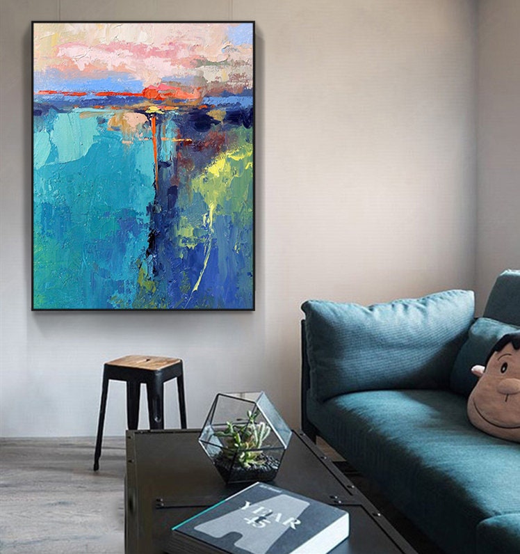 Abstract Canvas Wall Art, Large Abstract Painting on Canvas, Modern Blue Minimalist Artwork for Bedroom