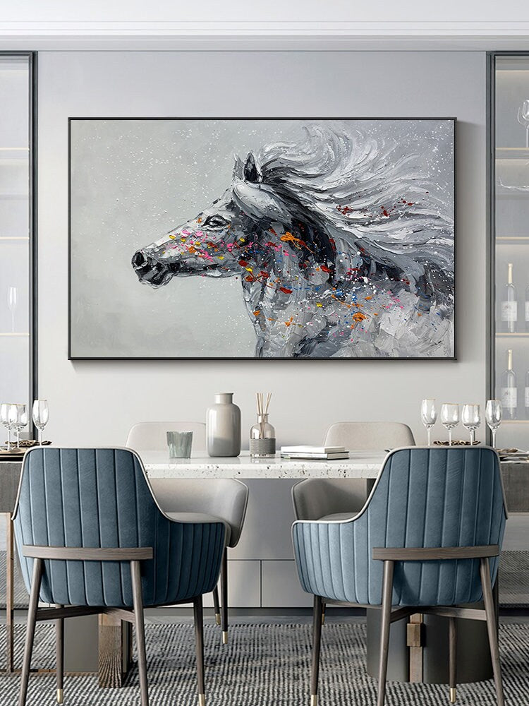 White Textured Horse Canvas Painting — canvas artwork view 2