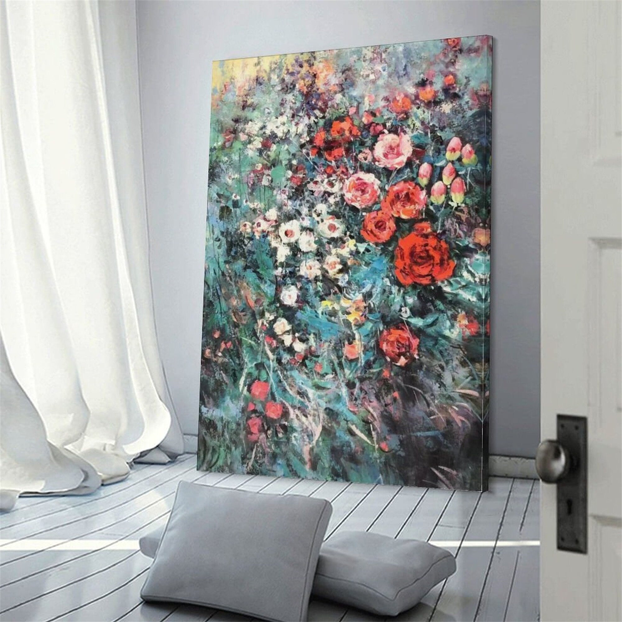 Art Realm | Exquisite Texture Flower Painting - Abstract Grey Flower Canvas Wall Art, Acrylic Painting Unique Home Decoration